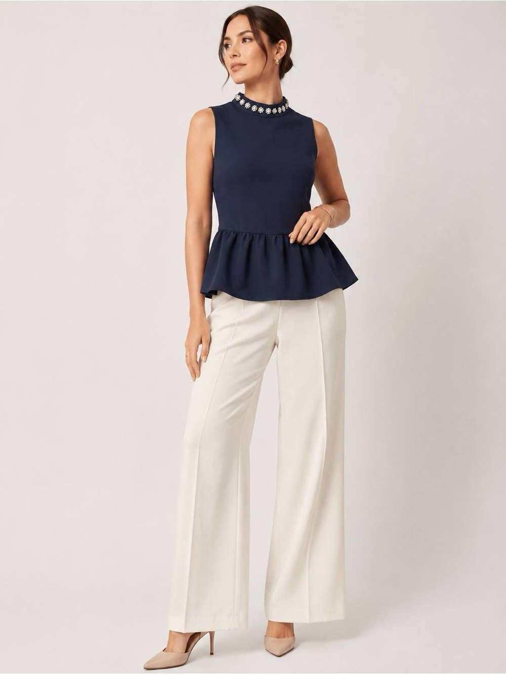 J.Crew Womens Navy Peplum Top Jeweled Collar Sleeveless Size M